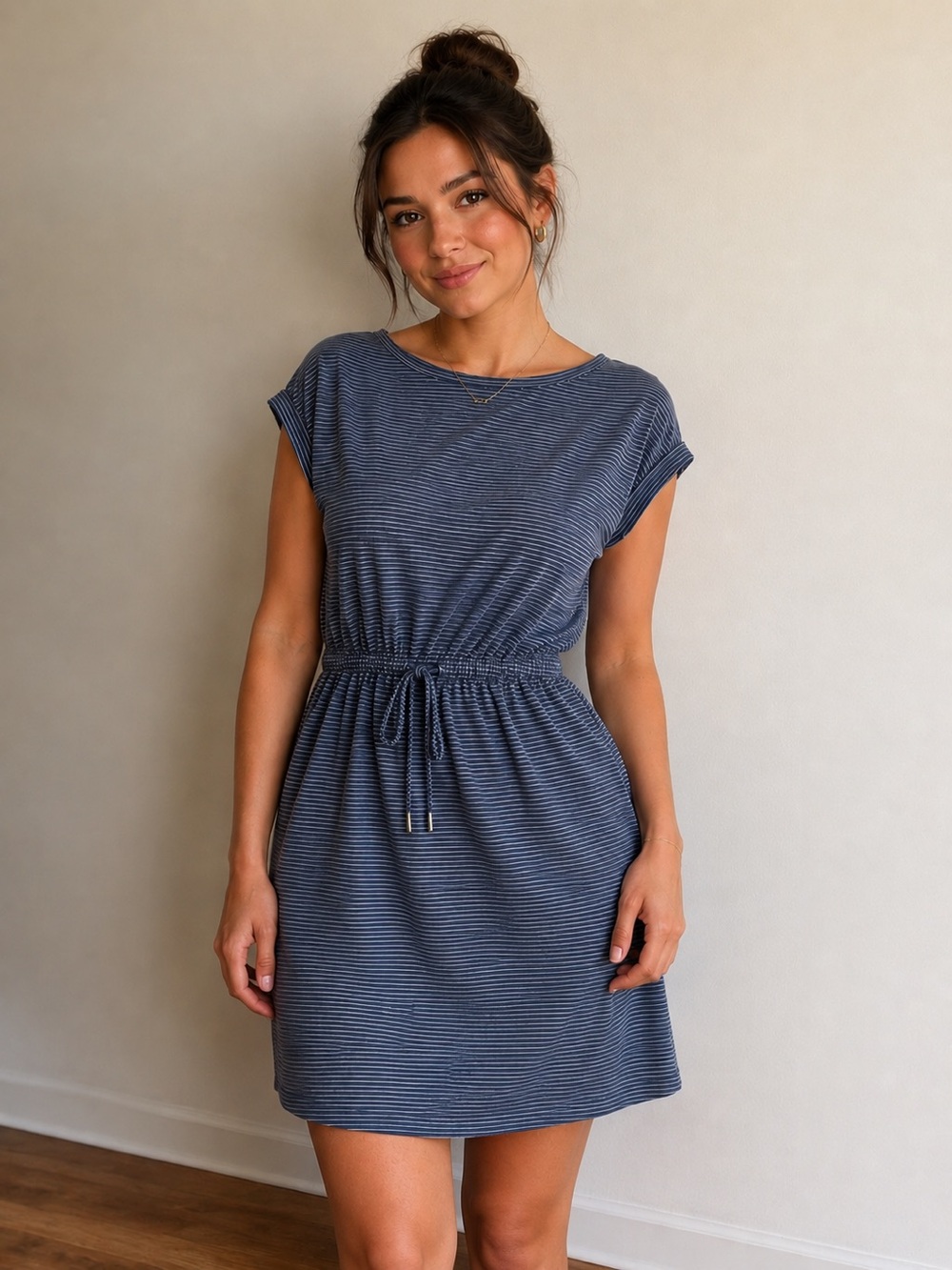 Hilary Radley Dress Womens L Blue Striped Drawstring Waist Casual‎ Knit